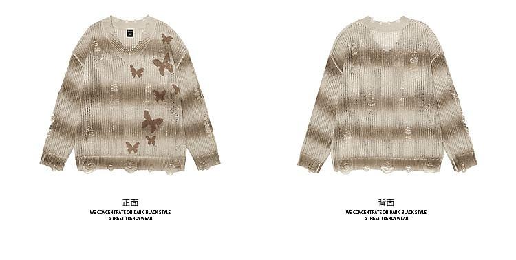 Long-Sleeve V-Neck Butterfly Print Distressed Sweater Product Image