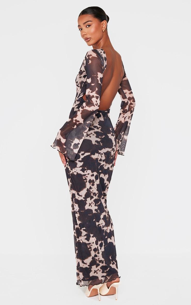 Brown Abstract Print Mesh Long Sleeve Maxi Dress Product Image