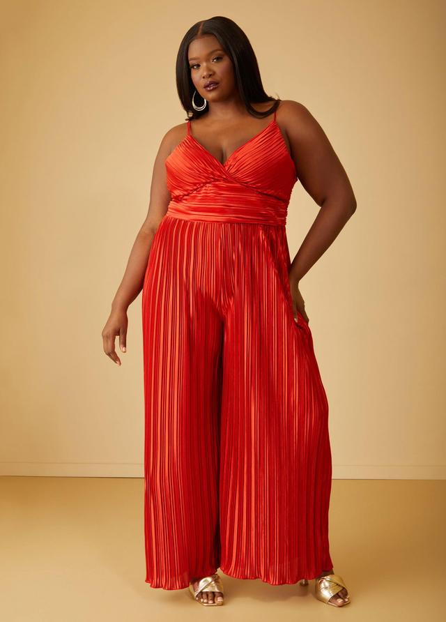 Plus Size Plisse Satin Jumpsuit, - Ashley Stewart Product Image