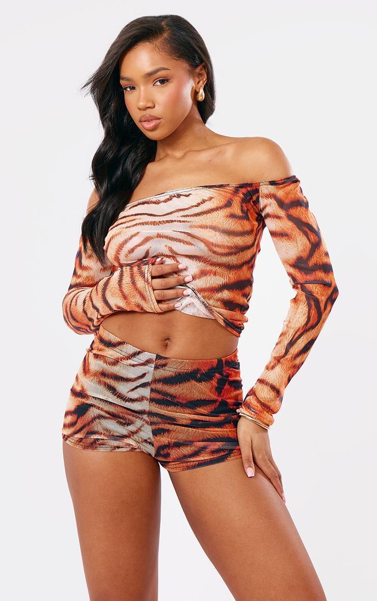 Tiger Print Mesh Long Sleeve Bardot Top Product Image