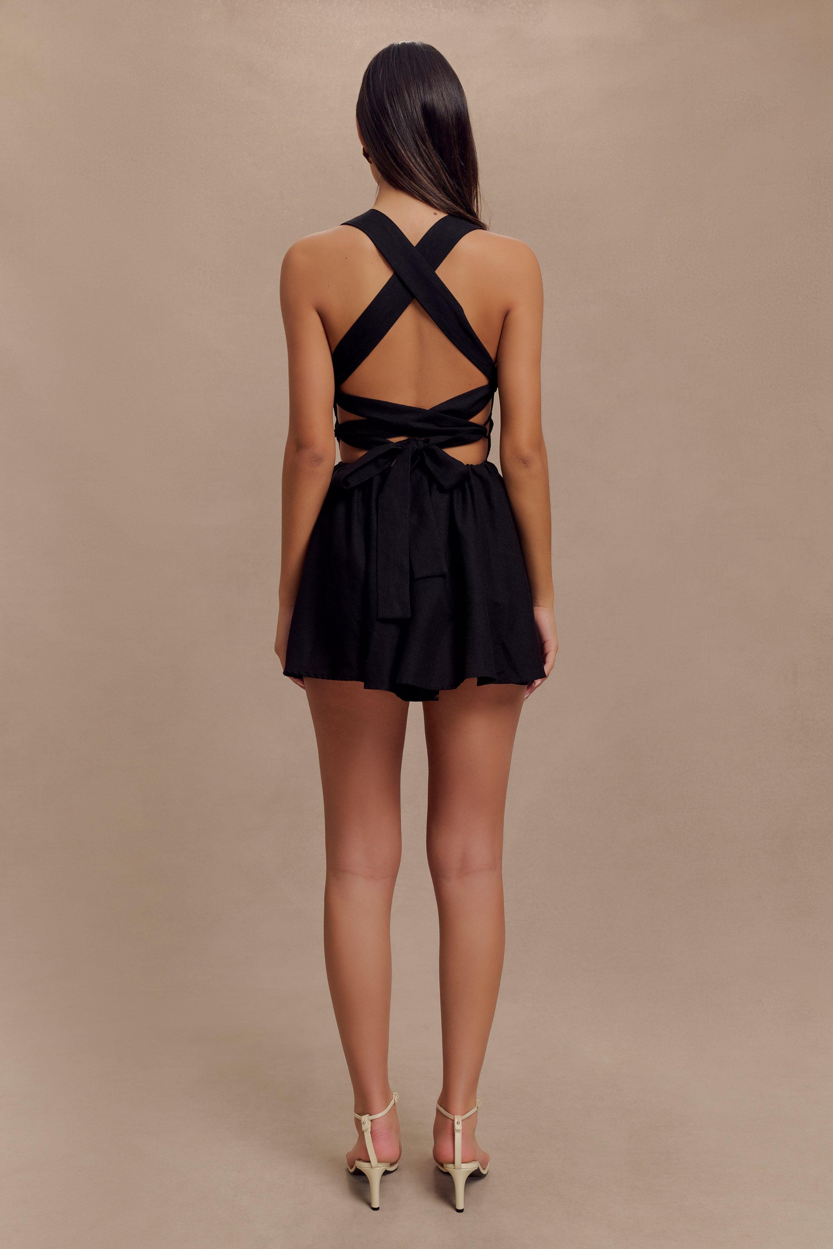 Loz Tie Back Linen Mini Dress - Black Product Image