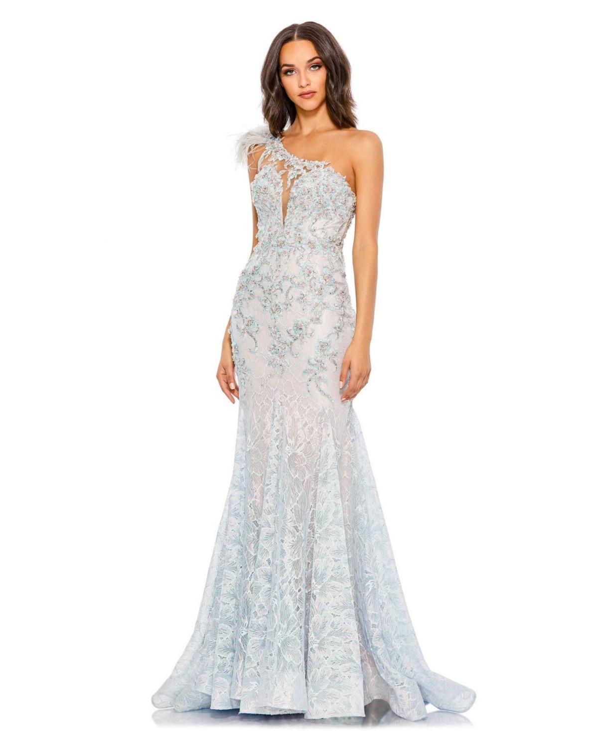 Mac Duggal Beaded Feather Detail One-Shoulder Mermaid Gown Product Image