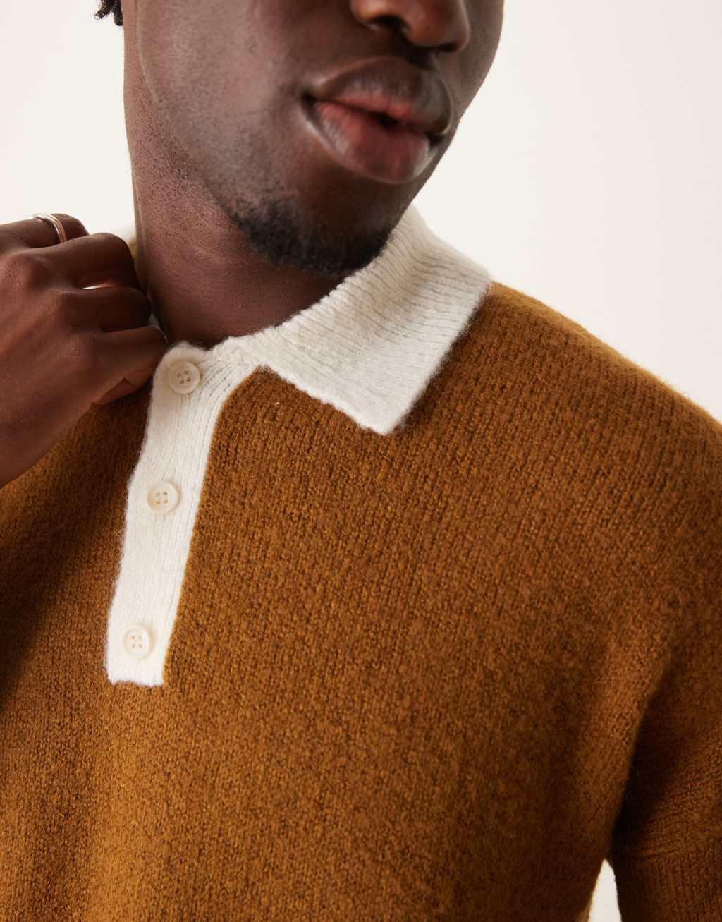 ASOS DESIGN relaxed fluffy knitted rugby polo with sleeve panel in tan Product Image