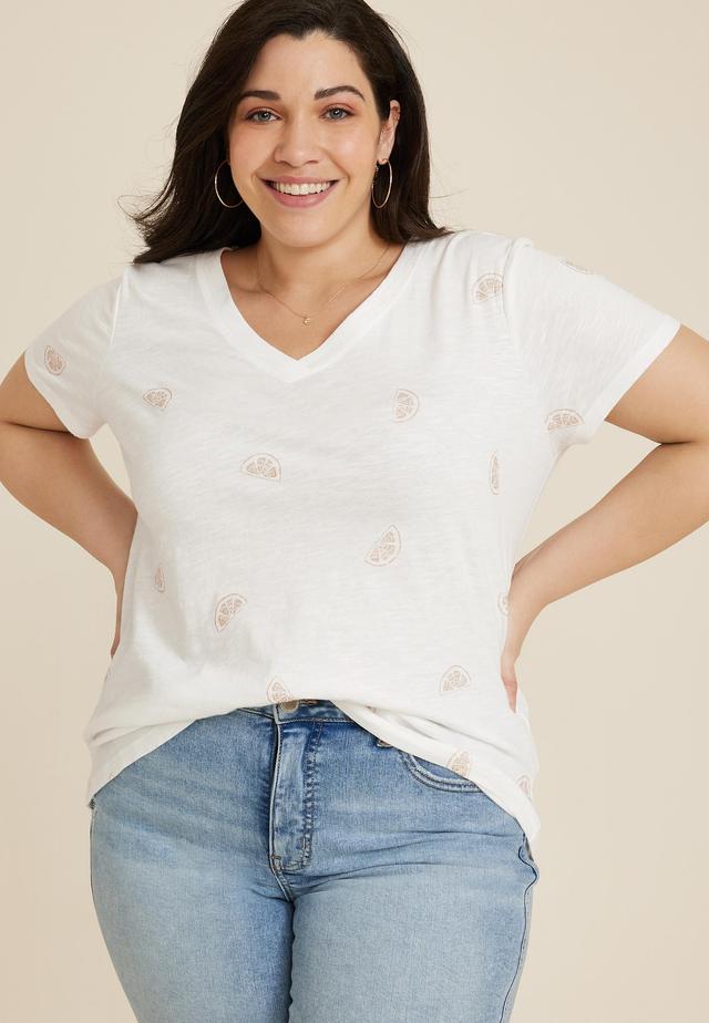 Maurices 1X Plus Size Womens 24/7 Dawson Lemon V Neck Tee White Product Image