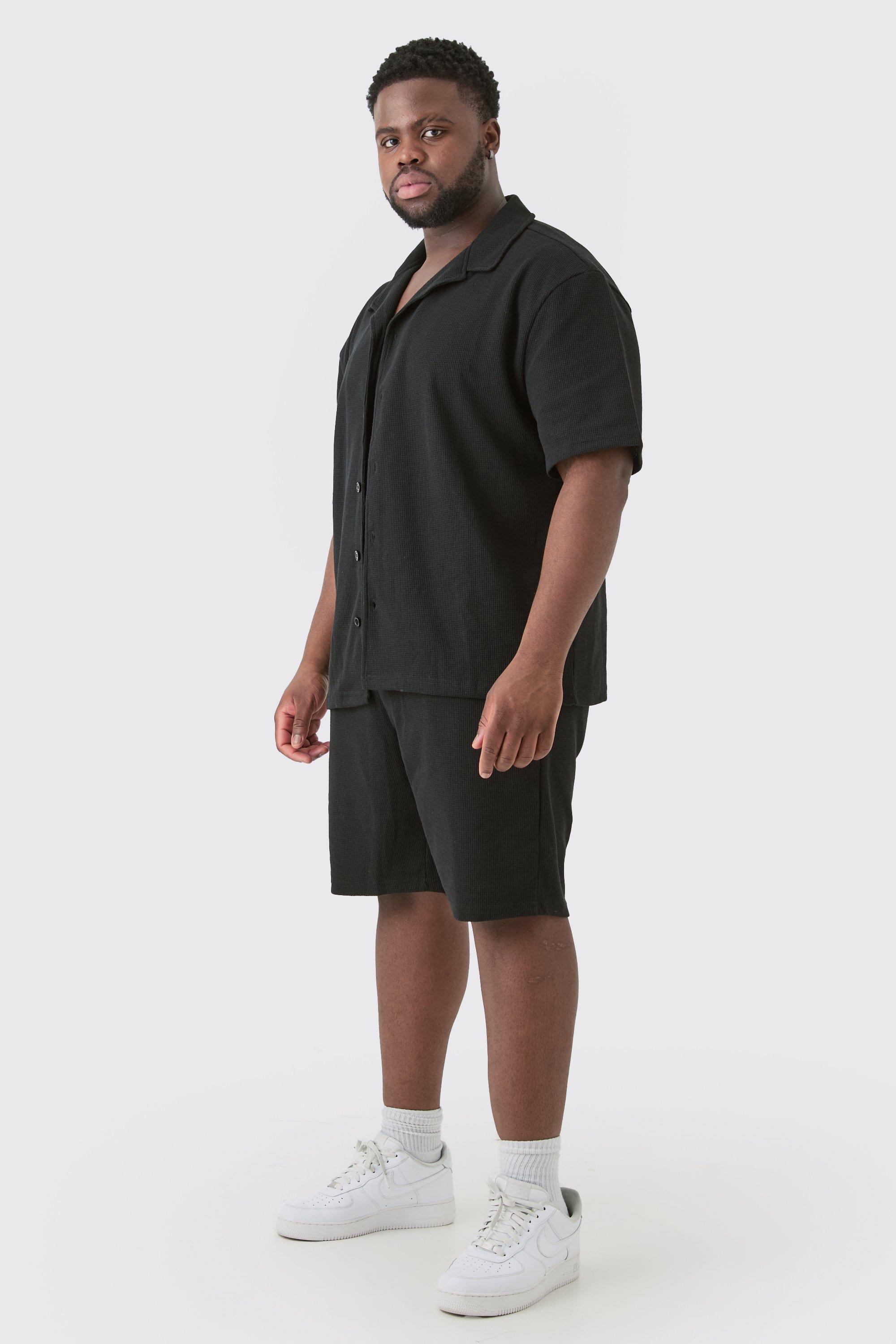 Plus Short Sleeve Drop Revere Shirt & Short Set In Black | boohooMAN USA Product Image