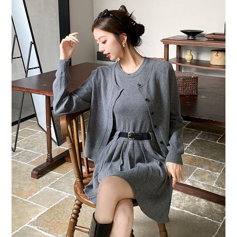 Set: Sleeveless Round Neck Plain Pleated Knit Mini A-Line Dress + Round Neck Cardigan + Belt Product Image