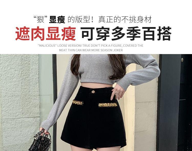 High Waist Plain Sequin Shorts Product Image