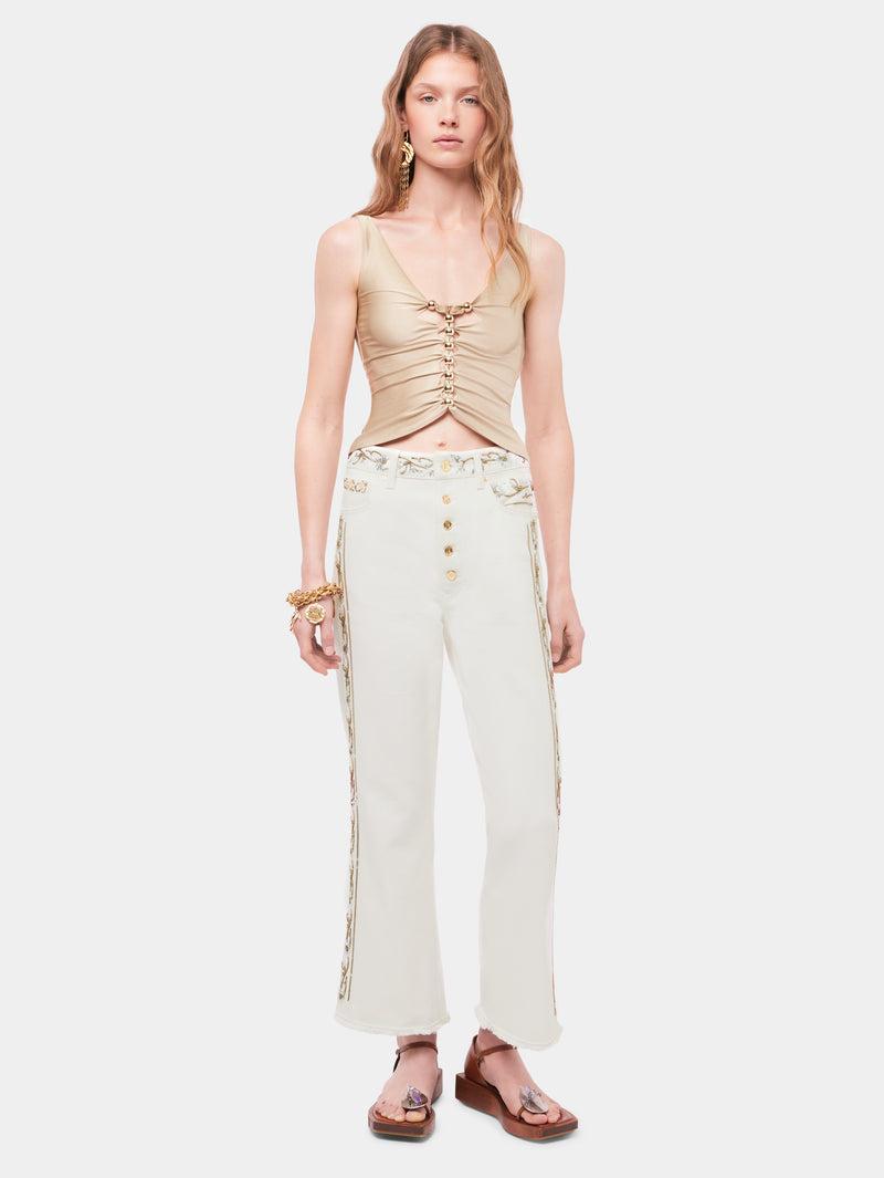 Drapped raffia colored top with metallic details Product Image