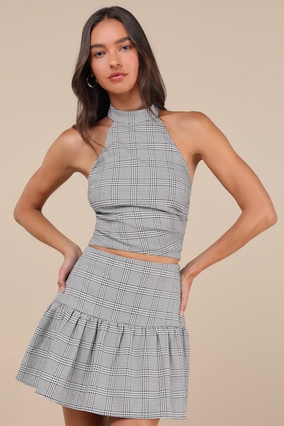 Trendy Momentum Black and White Plaid Backless Halter Top Product Image