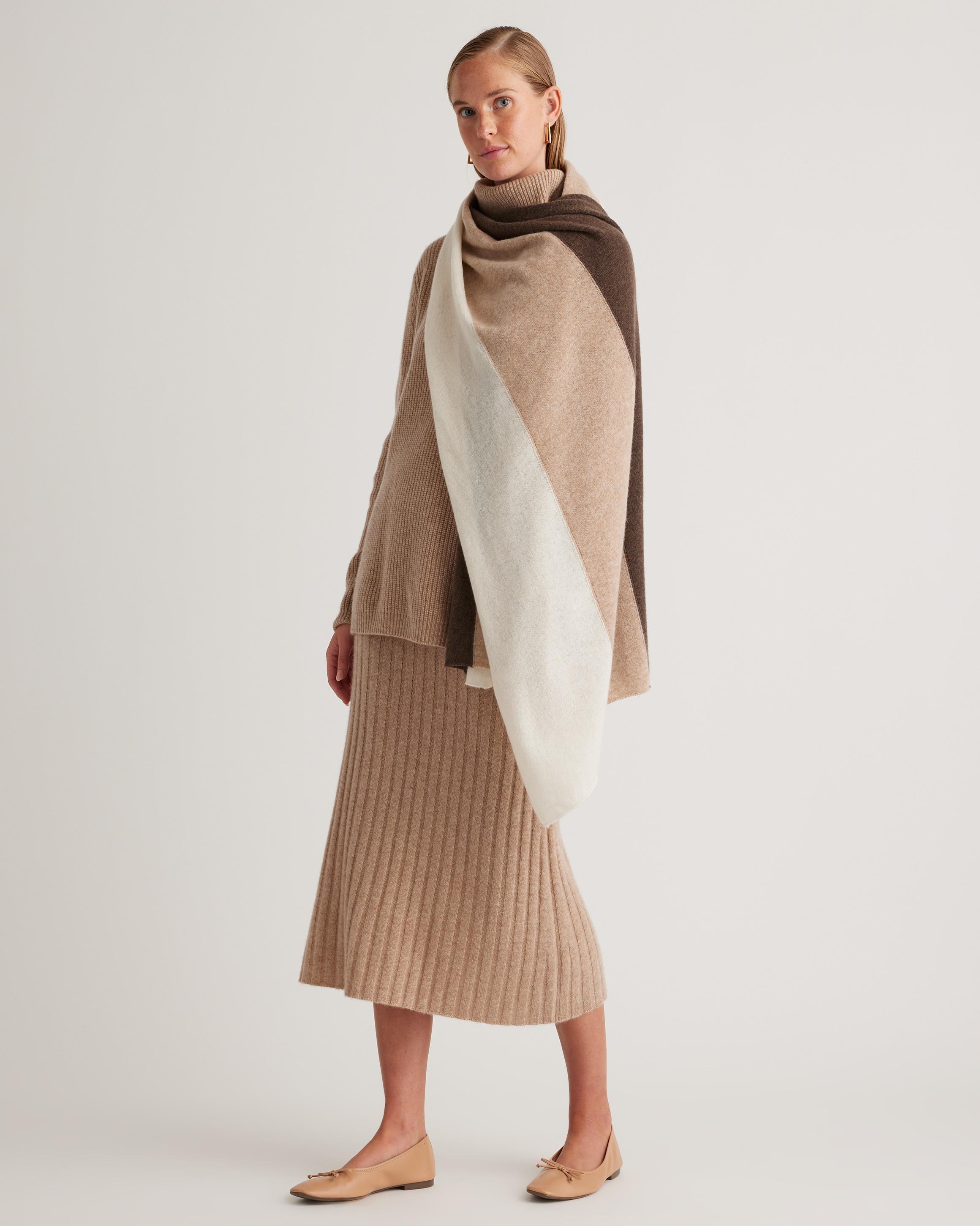 Womens Mongolian Cashmere Colorblock Wrap in Heather Brown/Oatmeal/Ivory by Quince Product Image