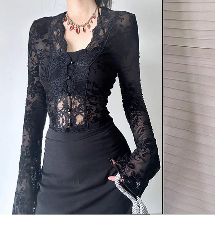 Long-Sleeve V-Neck Lace Crop Top Product Image