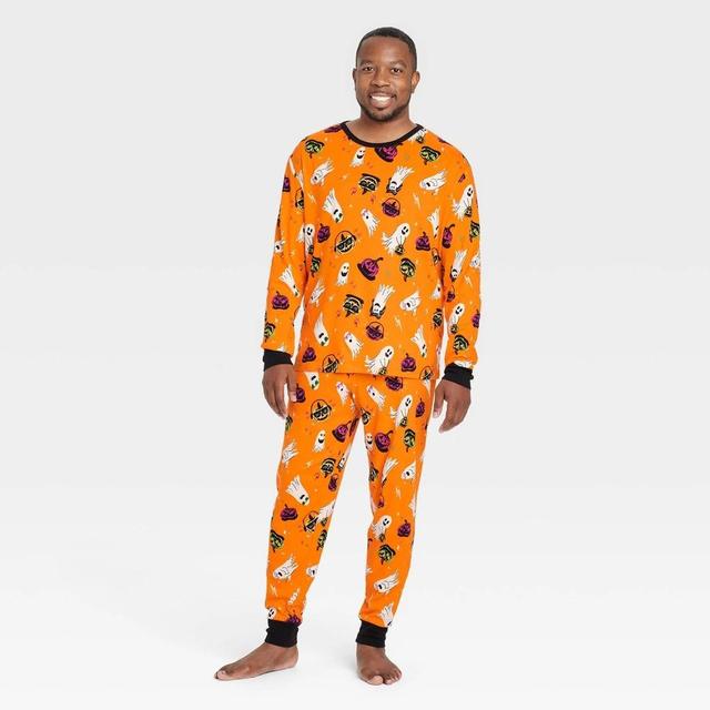 Mens Ghost Print Glow-in-the-Dark Halloween Matching Family Pajama Set - Hyde & EEK! Boutique Orange L Product Image