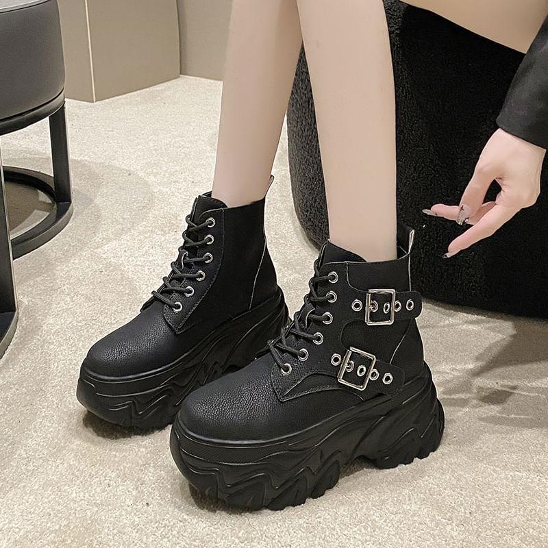 Platform High Top Buckled Lace-Up Sneakers Product Image