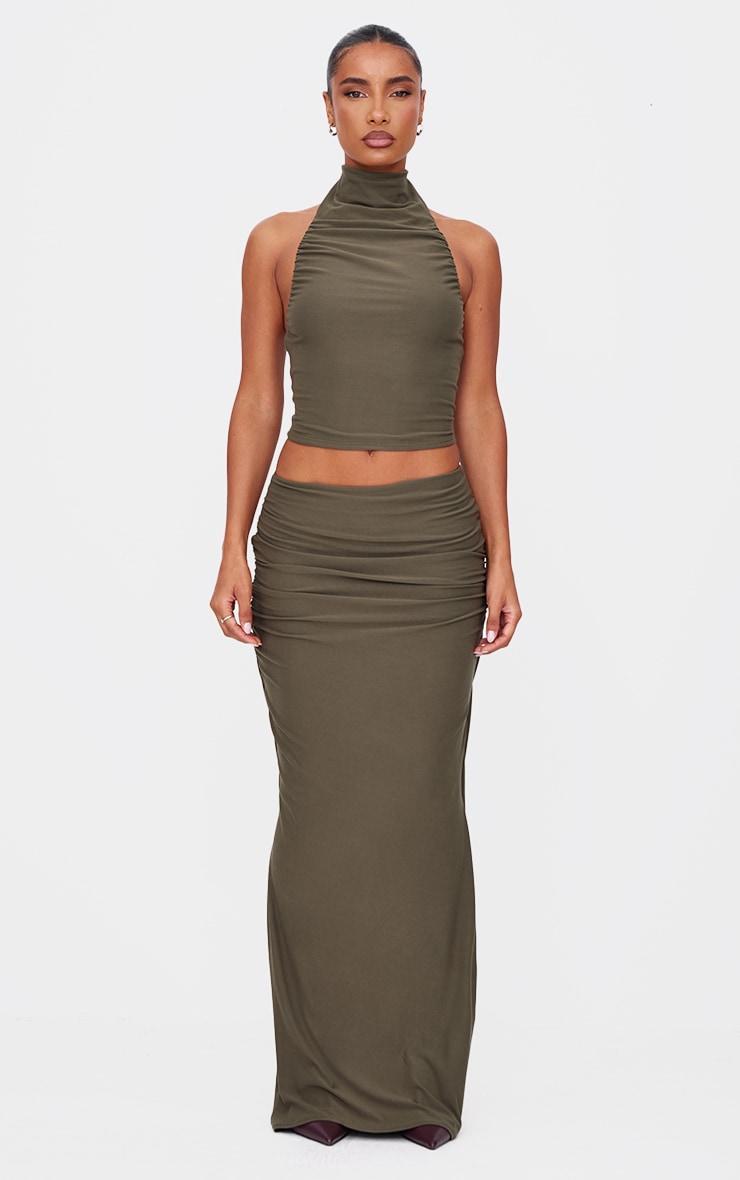 Khaki Soft Touch Ruched Halter Crop Top Product Image