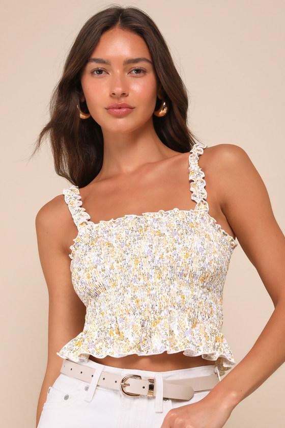 Charismatic Vibes Ivory Multi Floral Smocked Cropped Tank Top Product Image