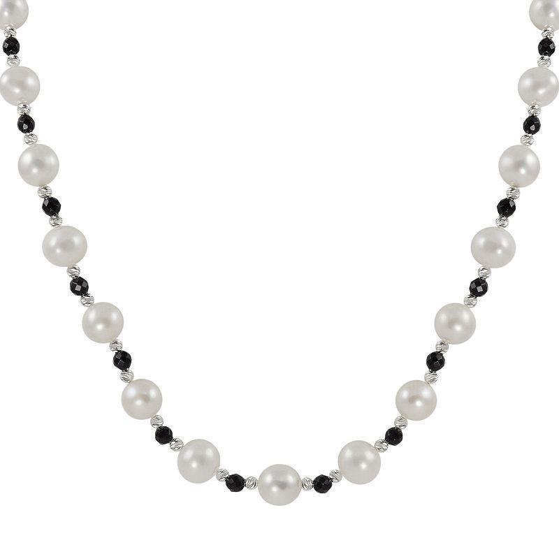 Sterling Silver Freshwater Cultured Pearl and Onyx Bead Necklace, Womens Product Image