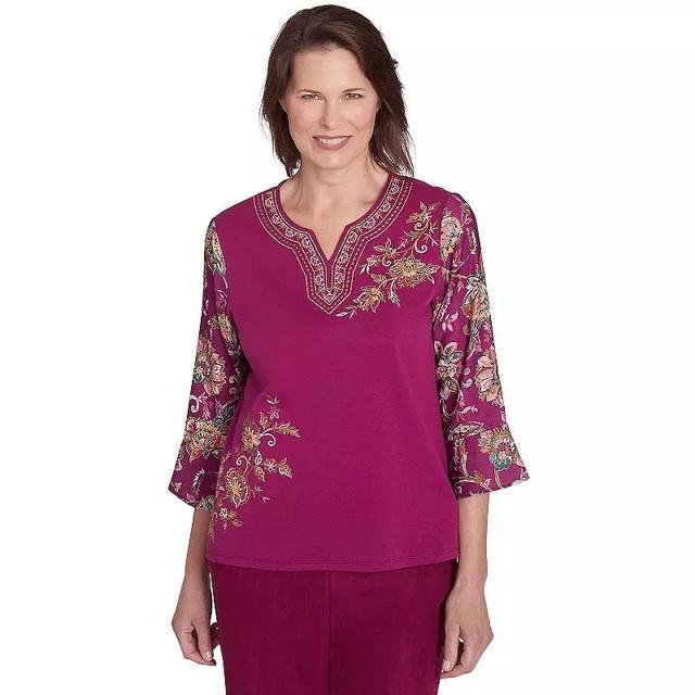 Petite Alfred Dunner Embroidered Floral Split Neck Top, Womens Product Image