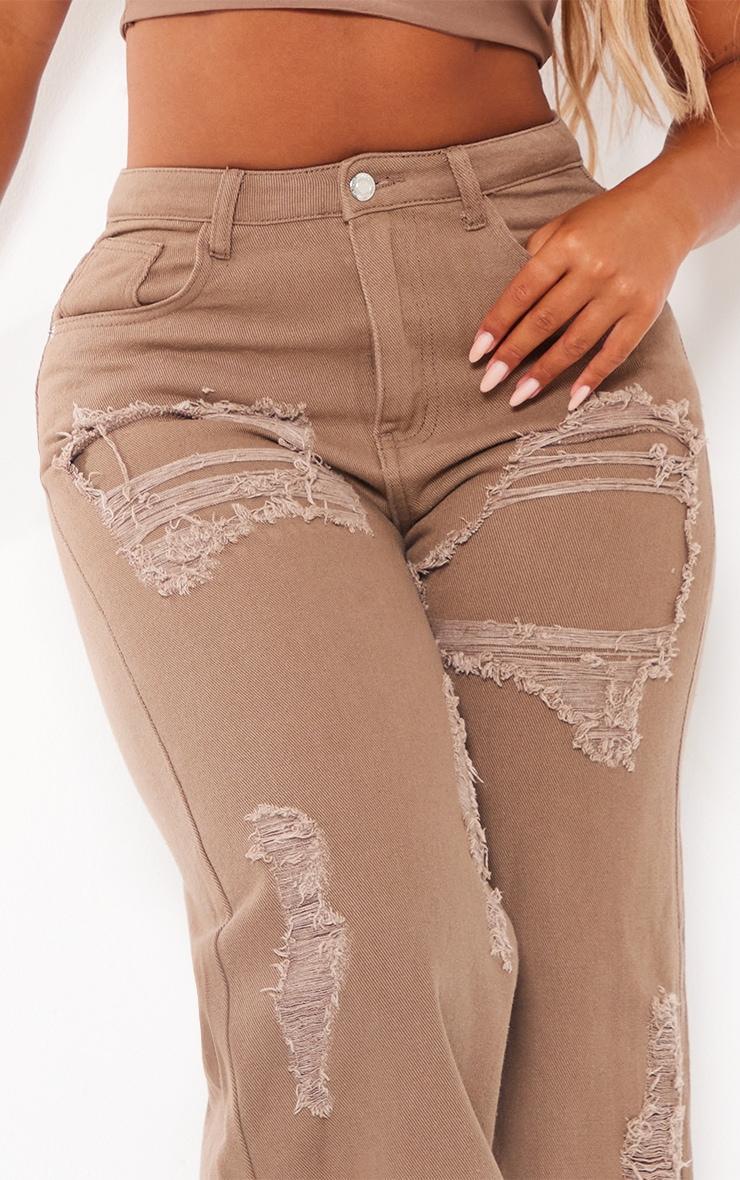 Shape Brown Denim Washed Ripped Wide Leg Jeans Product Image