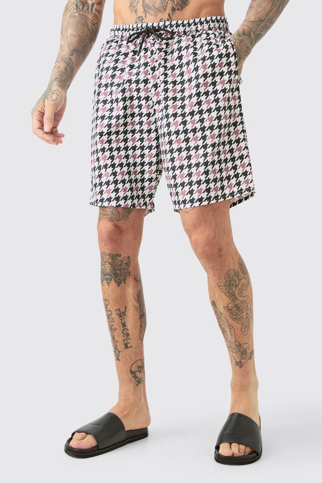 Tall Houndstooth Checked Printed Swim Shorts | boohooMAN USA Product Image