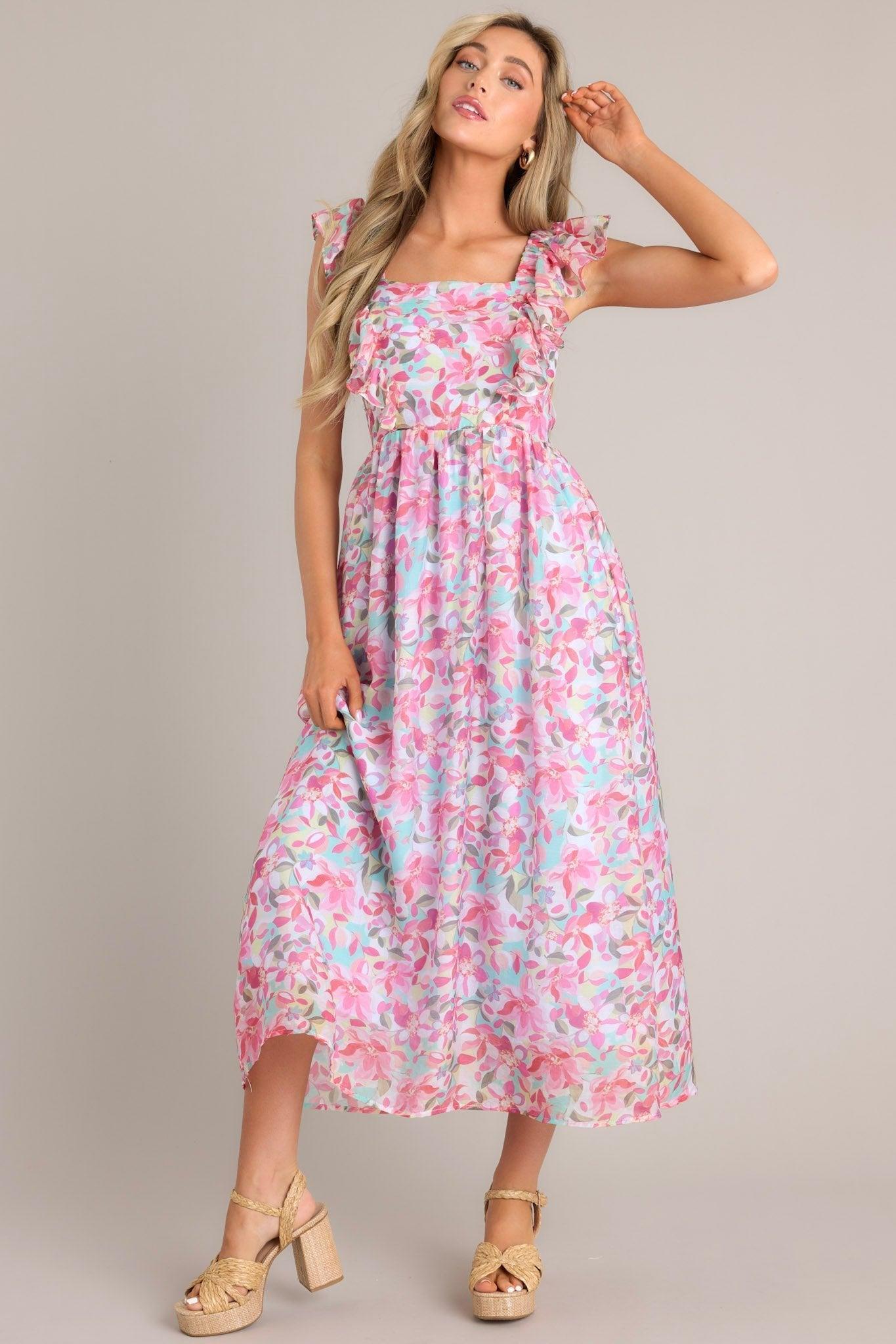 Garden Gala Pink Floral Ruffle Sleeve Midi Dress Product Image