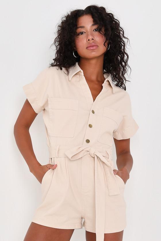 Everyday Energy Beige Collared Belted Short Sleeve Romper Product Image