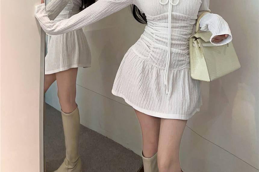 Long-Sleeve Off-The-Shoulder Plain Ruched Mini A-Line Dress Product Image