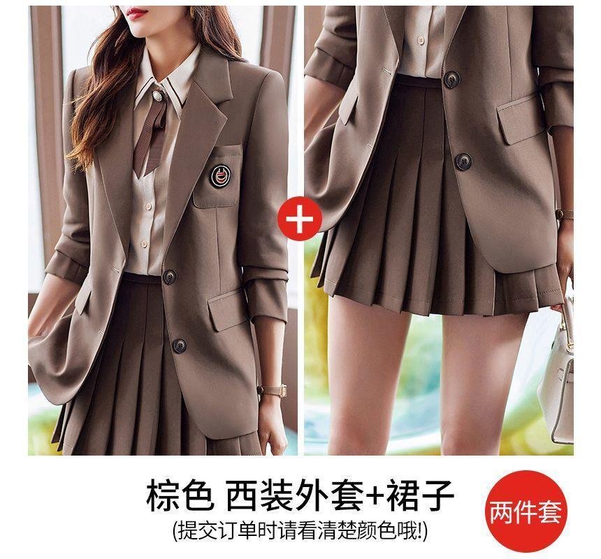 Lapel Collar Plain Single Breasted Blazer / High Rise Plain Slacks / Mini Pleated Skirt / Set Product Image