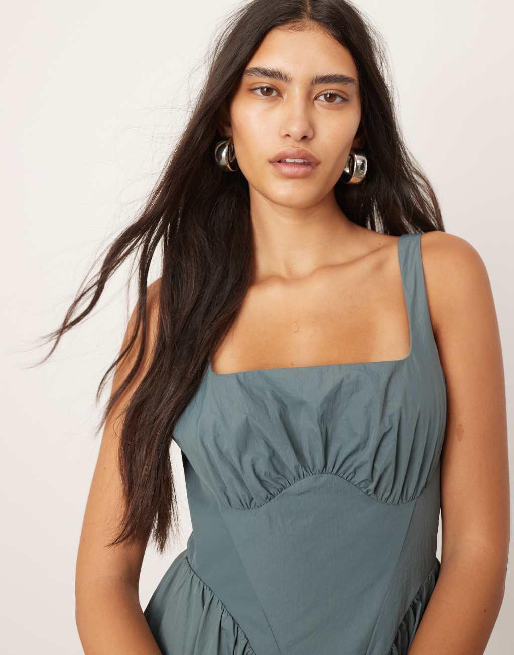 ASOS EDITION structured ruched bust corset detail mini dress in slate blue Product Image