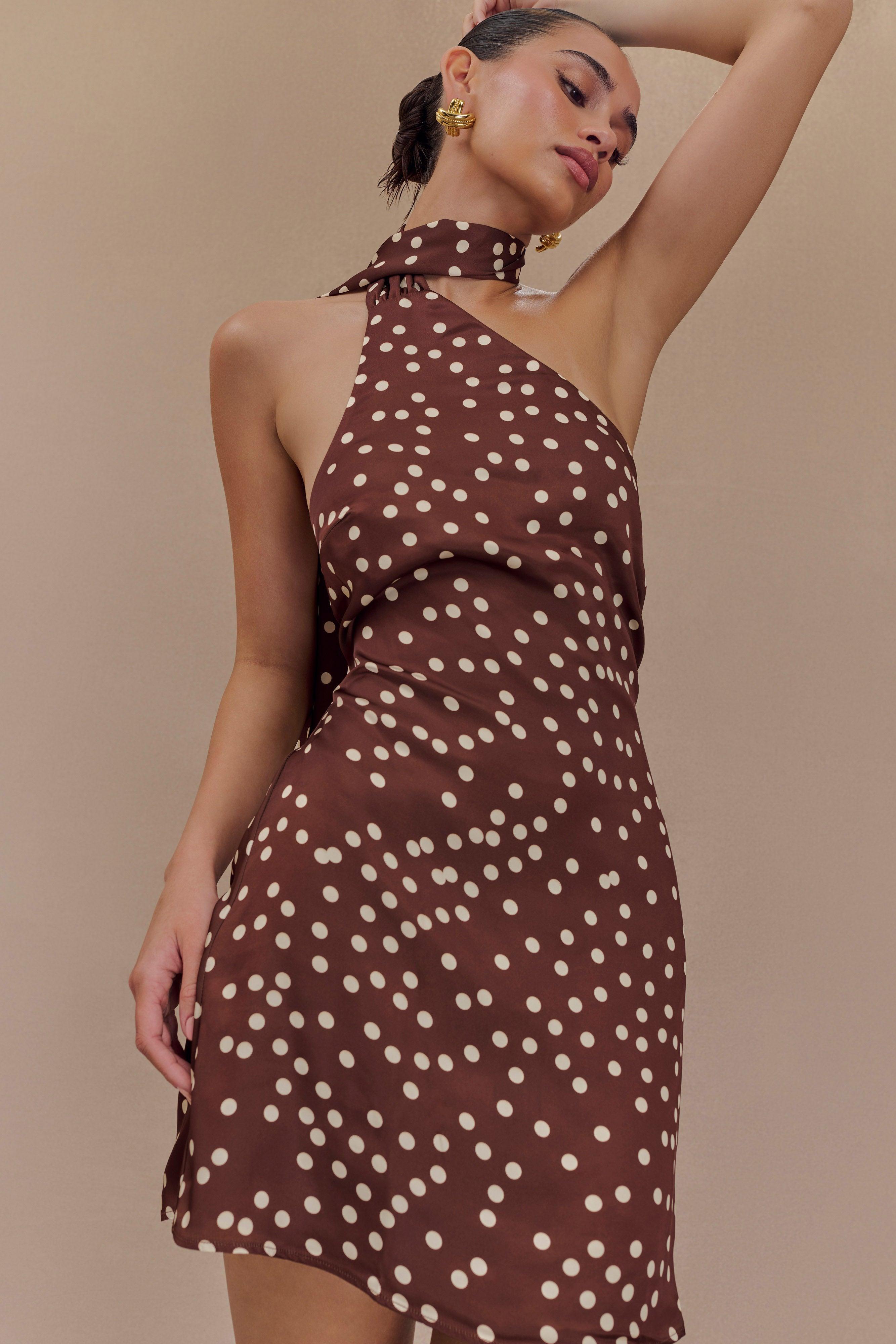 Joan Satin Asymmetrical Mini Dress - Brown Polka Dot Print Product Image