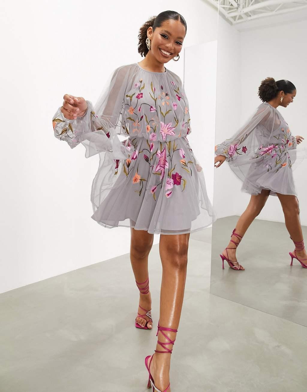 ASOS Edition mesh long sleeve mini dress with floral embroidery in blush Product Image