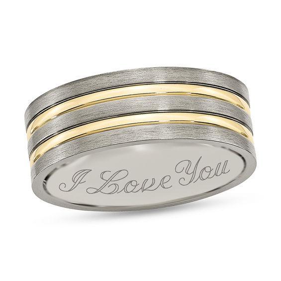 Men's 8.0mm Engravable Multi-Finish Double Groove Wedding Band in Titanium and Yellow IP (1 Line) Product Image