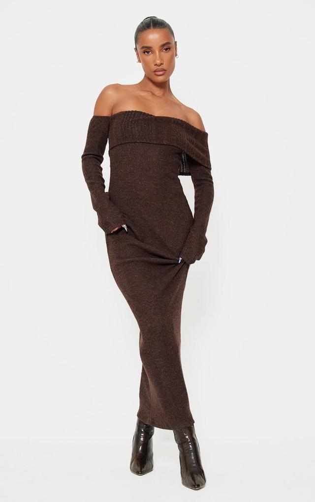 Chocolate Brushed Rib Bardot Maxi Dress Product Image