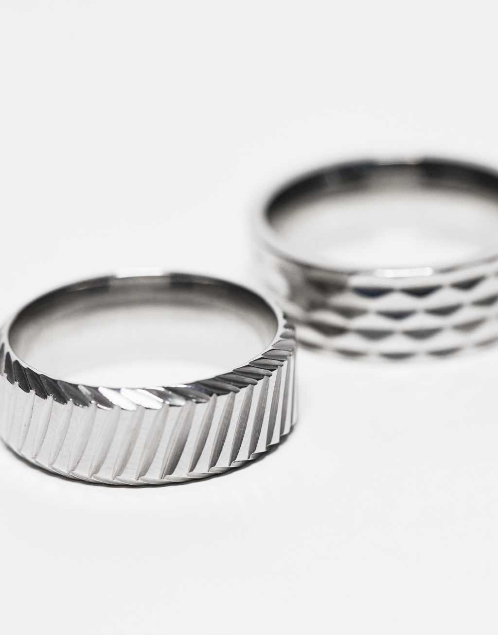 ASOS DESIGN 2 pack waterproof stainless steel band rings with embossing in silver tone Product Image