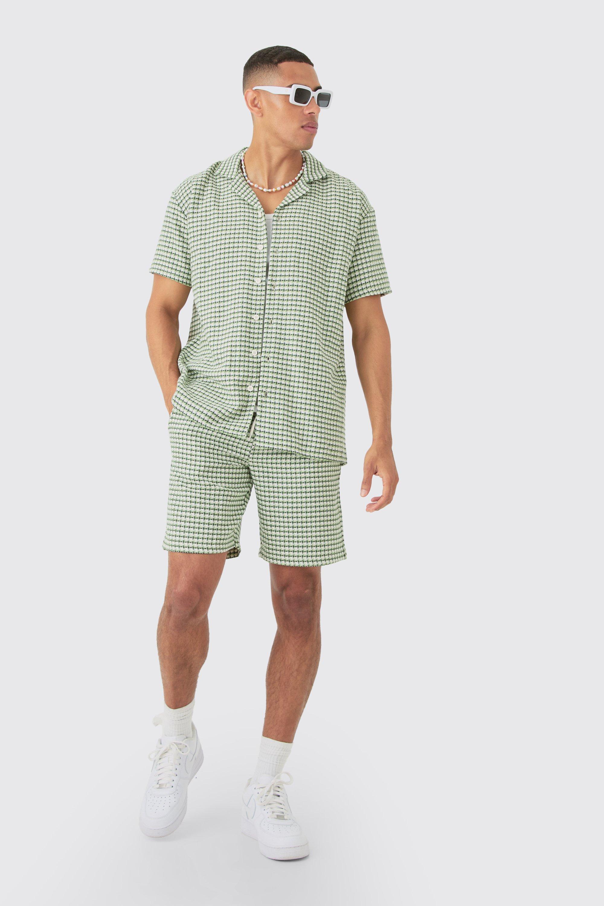 Mens Green Short Sleeve Mini Houndstooth Oversized Shirt & Short Set, Green Product Image