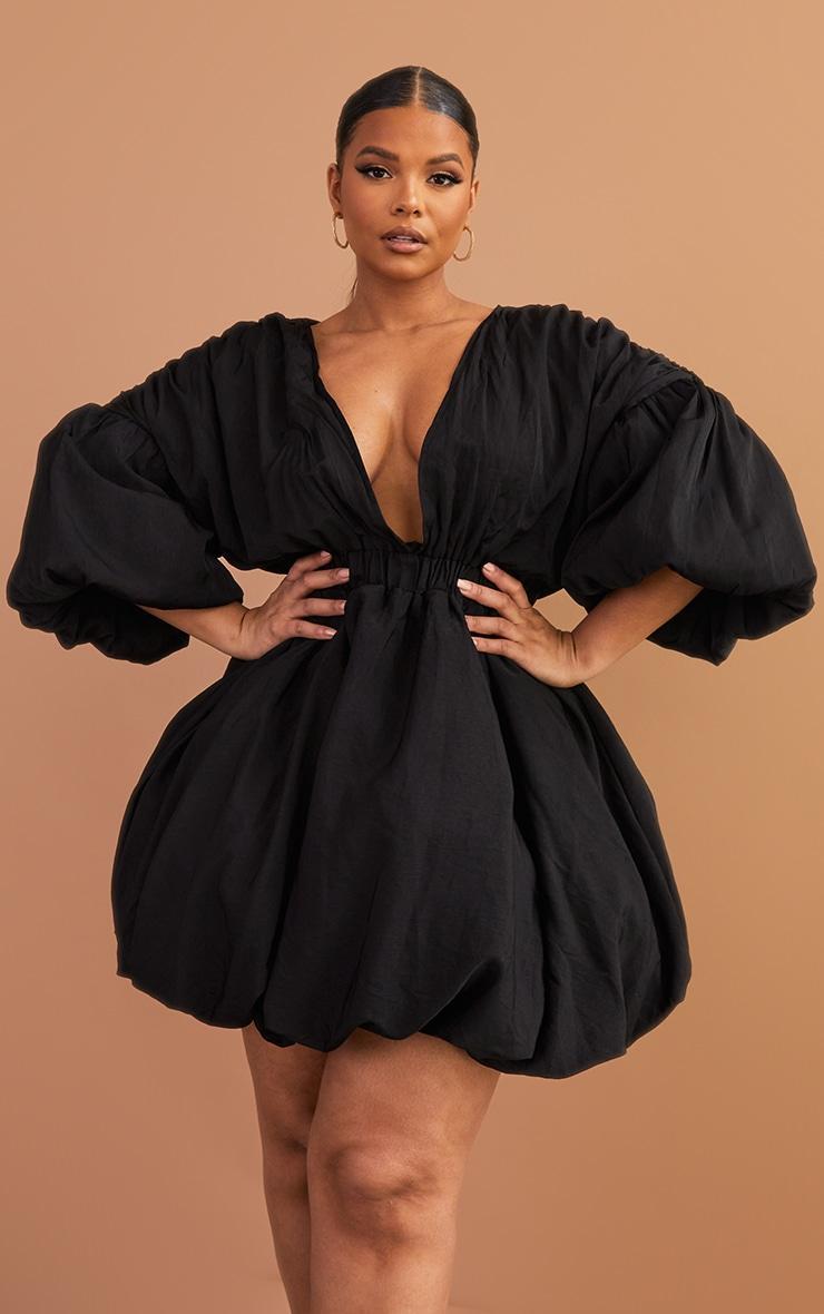 Plus Black Puff Sleeve Puffball Hem Dress Product Image