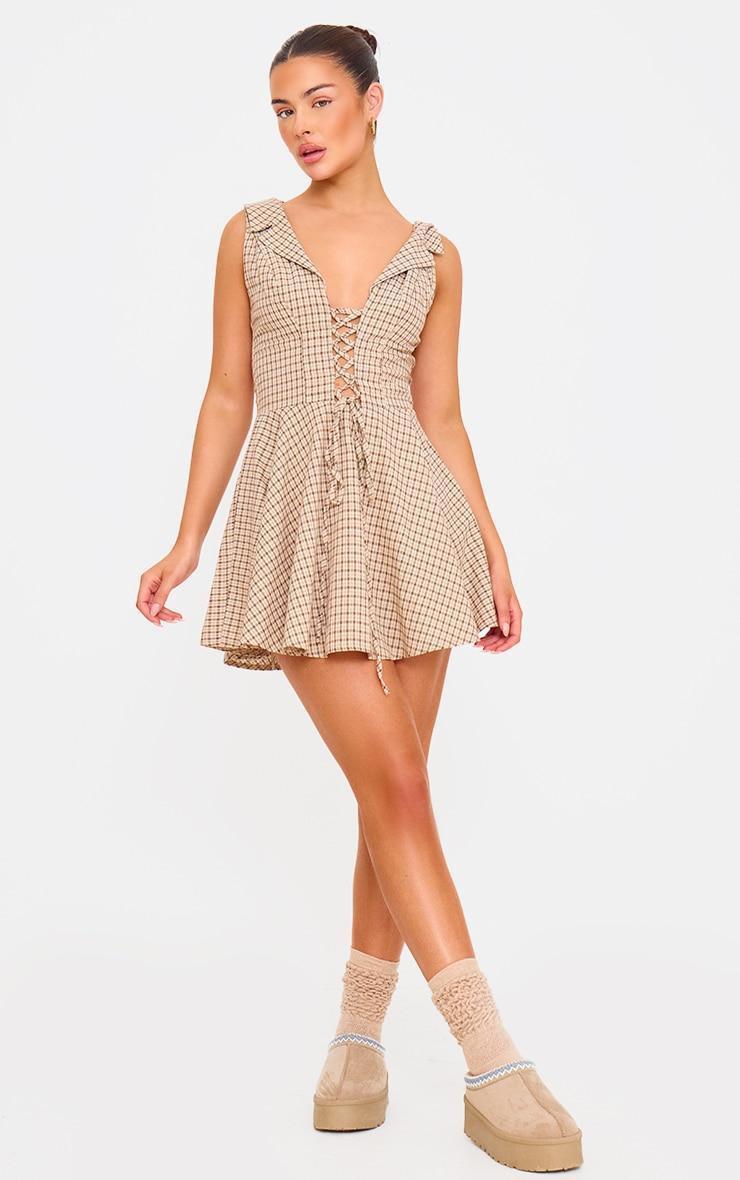 Cream Lace Up Check Shift Dress Product Image