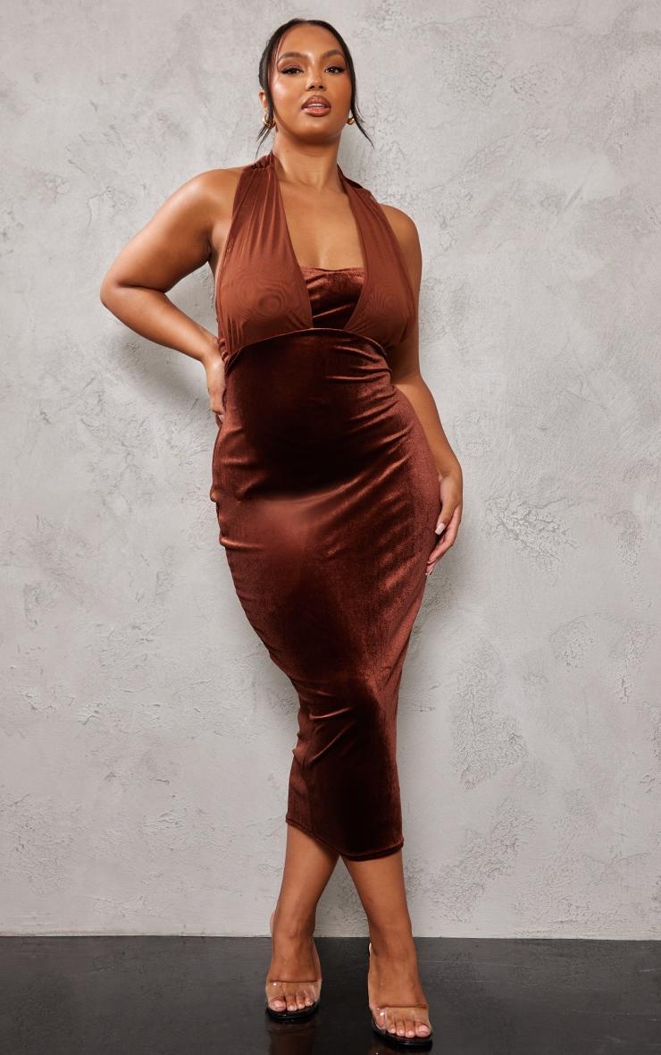 Plus Chocolate Velvet Halterneck Mesh Midi Dress Product Image