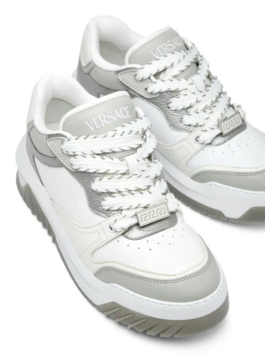 VERSACE 'odissera' White Leather Sneakers In Grey Product Image