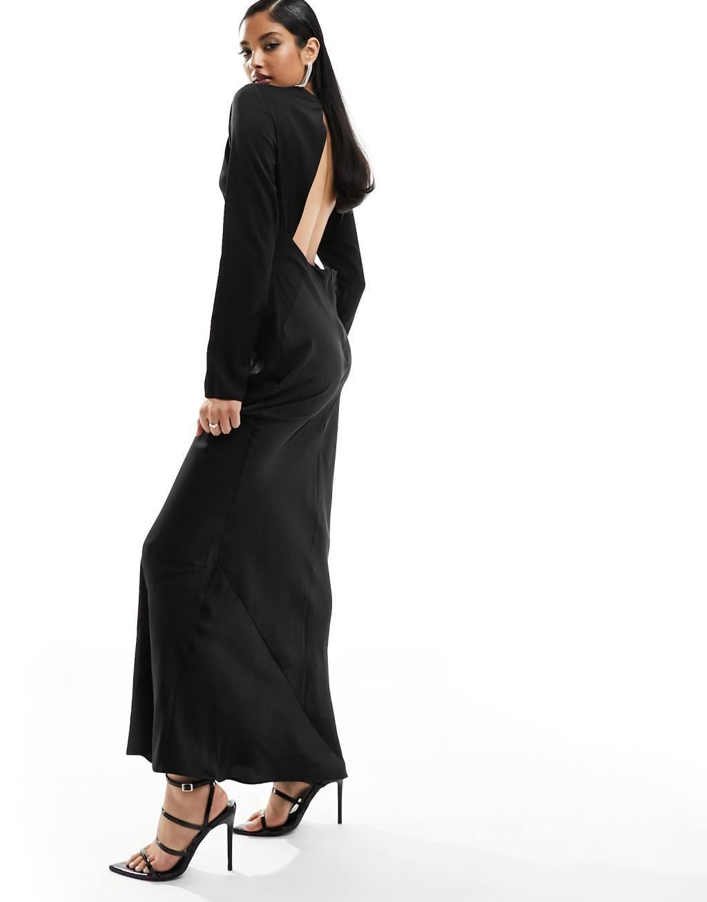 ASOS DESIGN satin long sleeve maxi dress with sheer panel detail in black Product Image