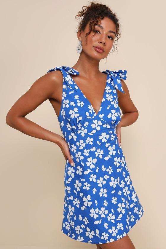 Bright Affection Cobalt Blue Floral Tie-Strap Mini Dress Product Image