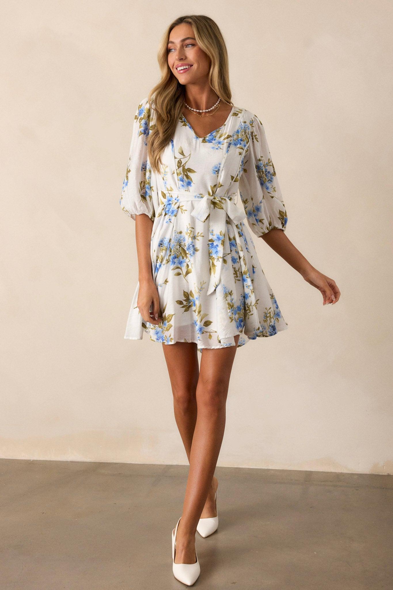 Cobalt Cosmos Blue Floral Quarter Sleeve Mini Dress Product Image