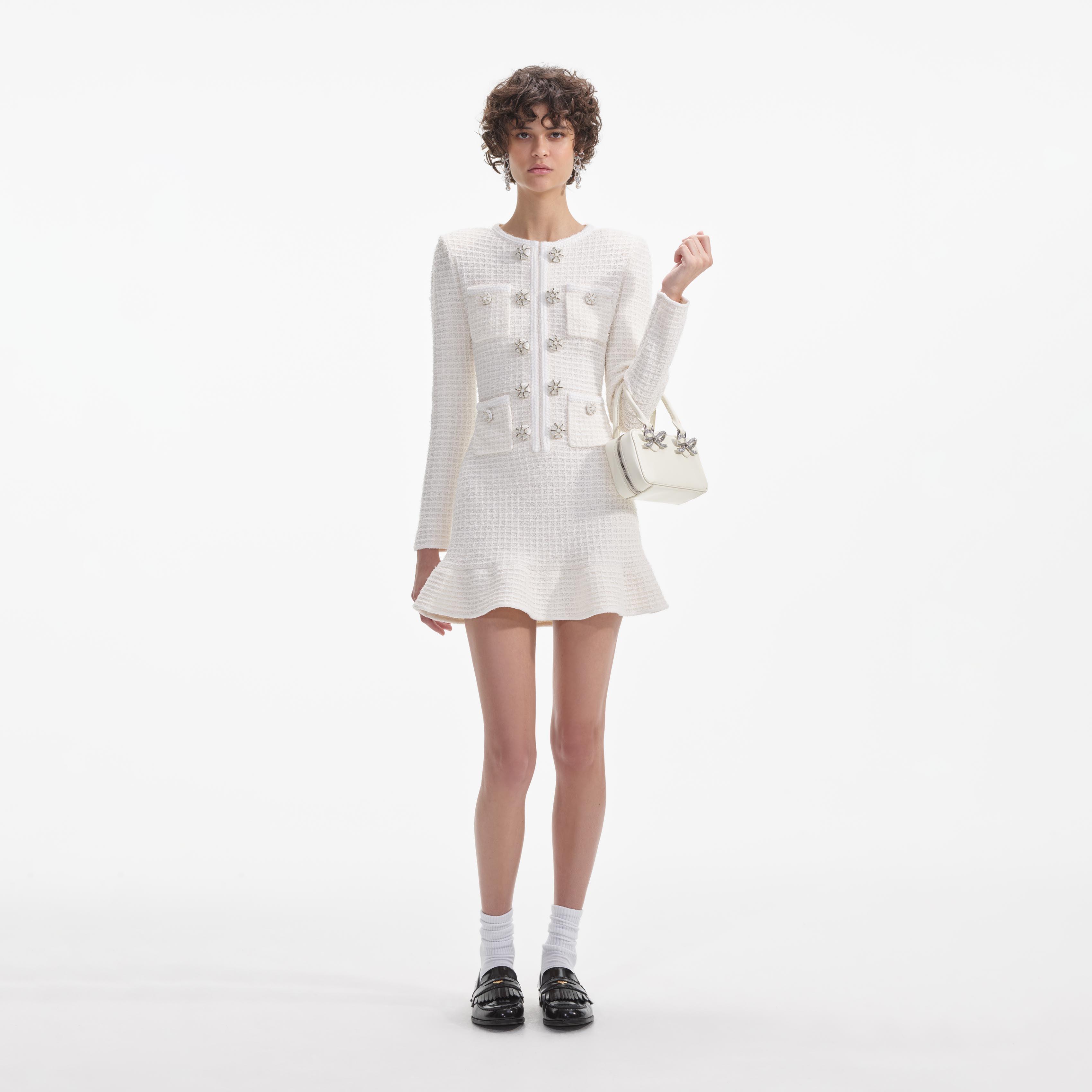 Cream Buttoned Knit Mini Dress Product Image