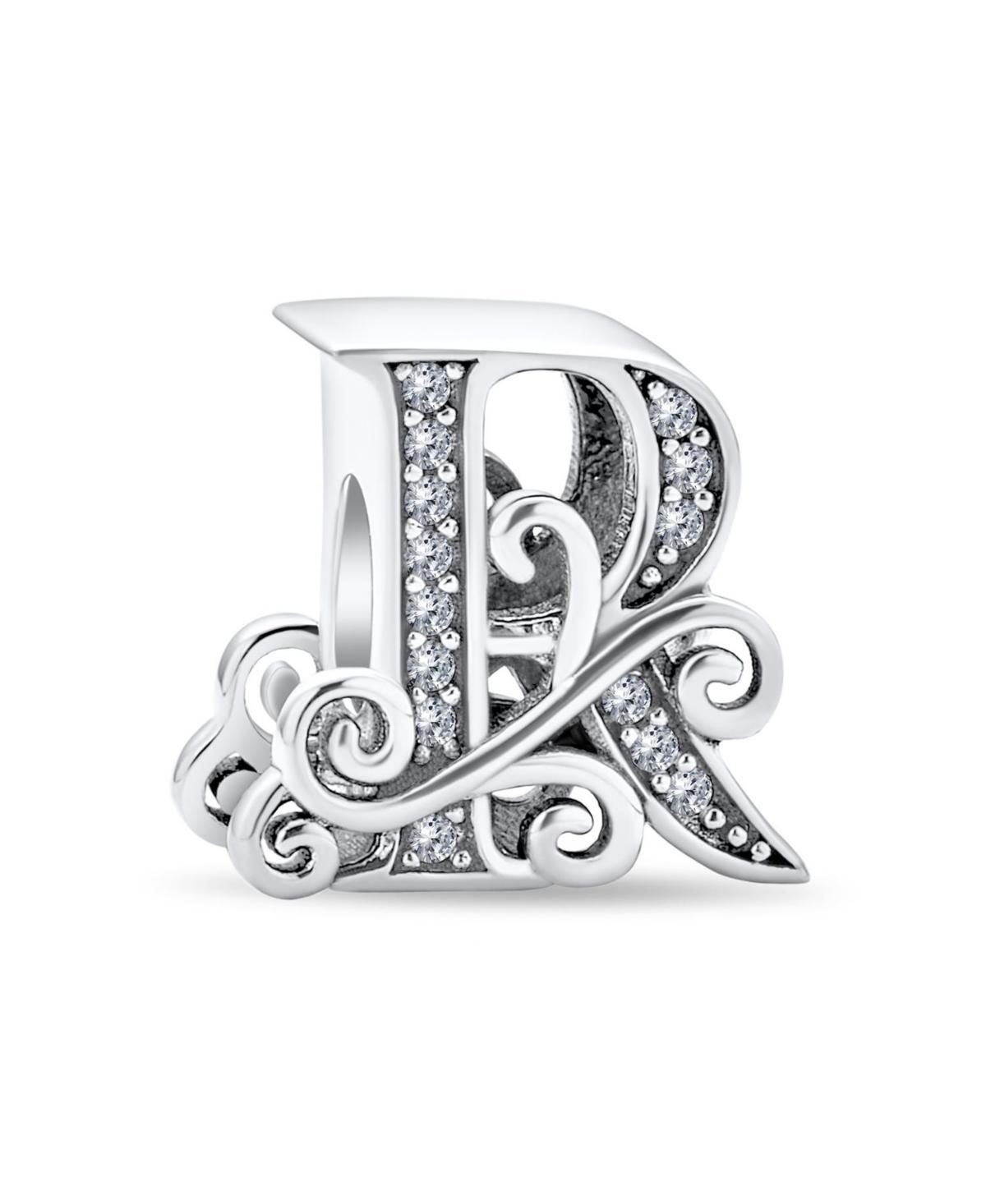 Bling Jewelry Fancy Scroll Cz Sparkle Block Letter A-z Alphabet Initial Charm Bead For Women Shiny .925 Sterling Silver For European Bracelet - Silver Product Image