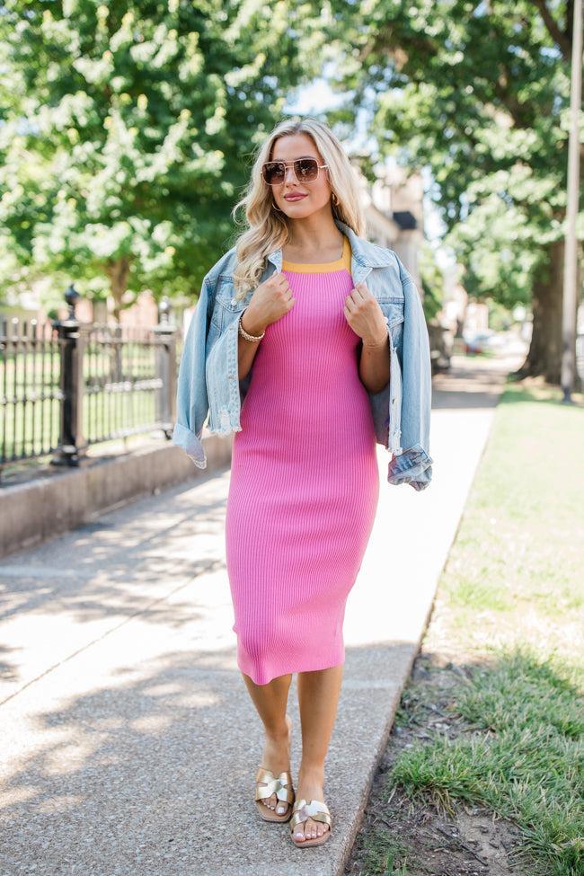 Every Now And Then Pink And Orange Sweater Midi Dress Product Image