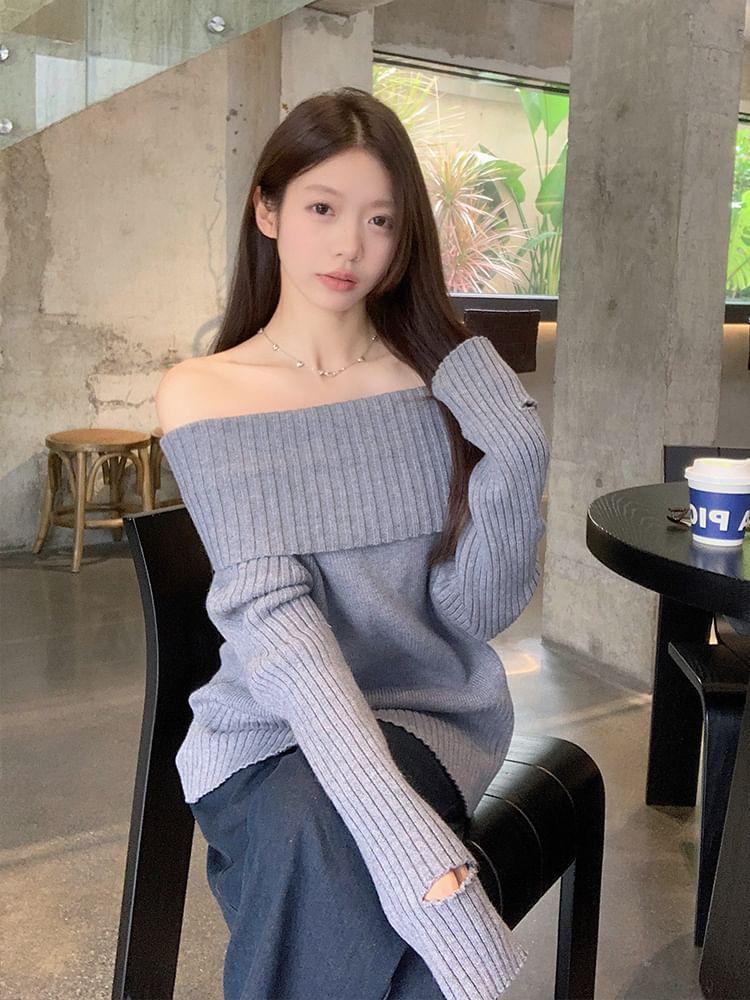 Off Shoulder Plain Ribbed Sweater Product Image