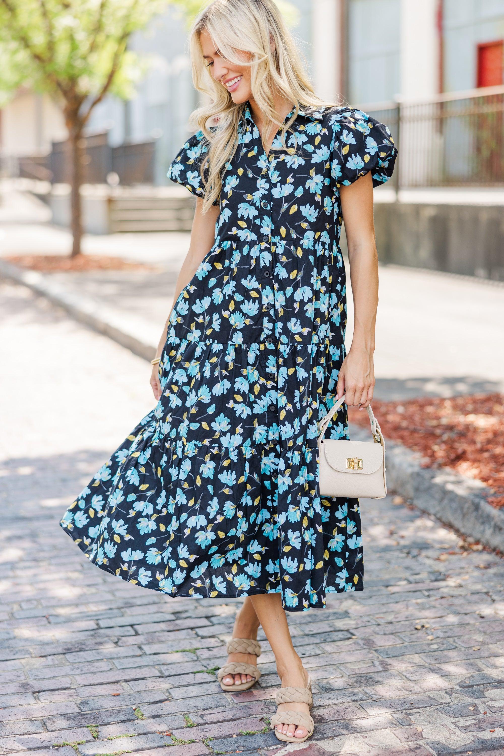 Perfect For You Black Floral Button Down Midi Dress Female Product Image