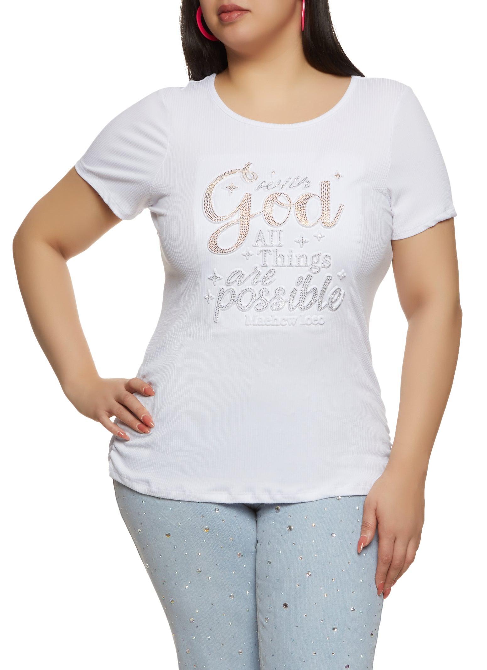 Womens Plus Size With God All Things Embossed Rhinestone Graphic Tee product image