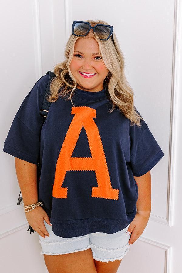 School Pride A Embroidered Short Sleeve Sweatshirt in Navy Curves Product Image