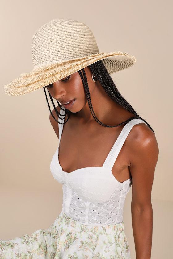 Sunny Composure Beige Tiered Fringed Straw Sun Hat Product Image