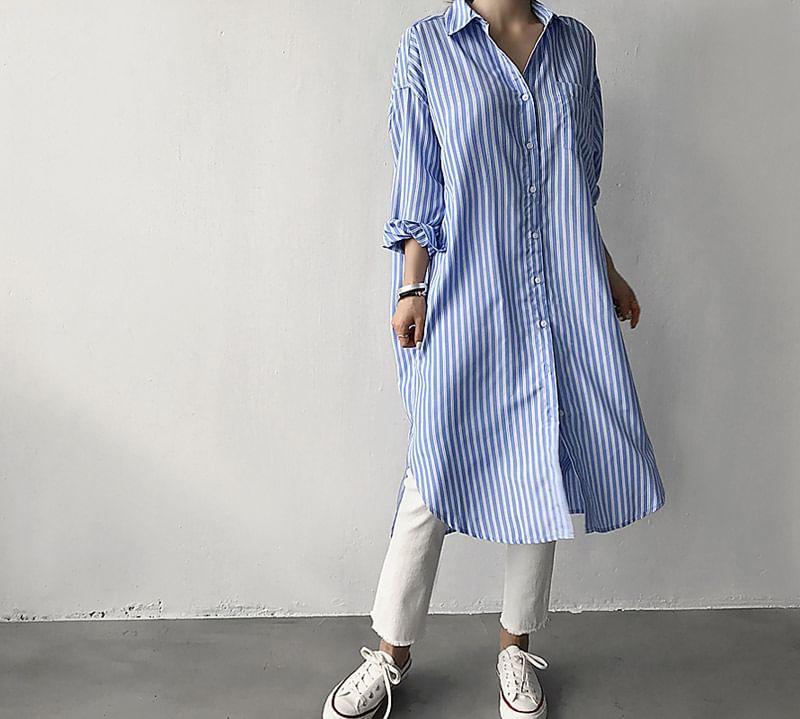 Long-Sleeve Striped Shirt Dress Product Image